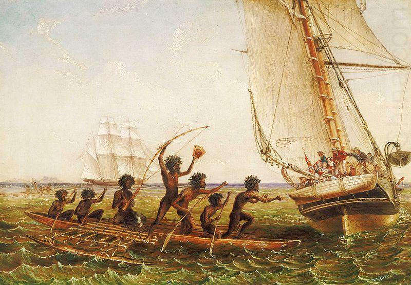 John Thomas Baines Aboriginal Canoes Communicating with the 'Monarch' and the 'Tom Tough', 28 August 1855 china oil painting image